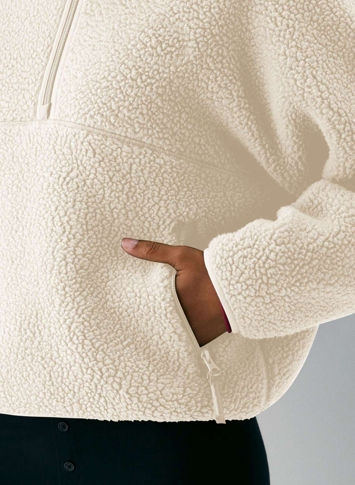 Teddy Fleece Half Zip Pullover Jacket - Beige - 1