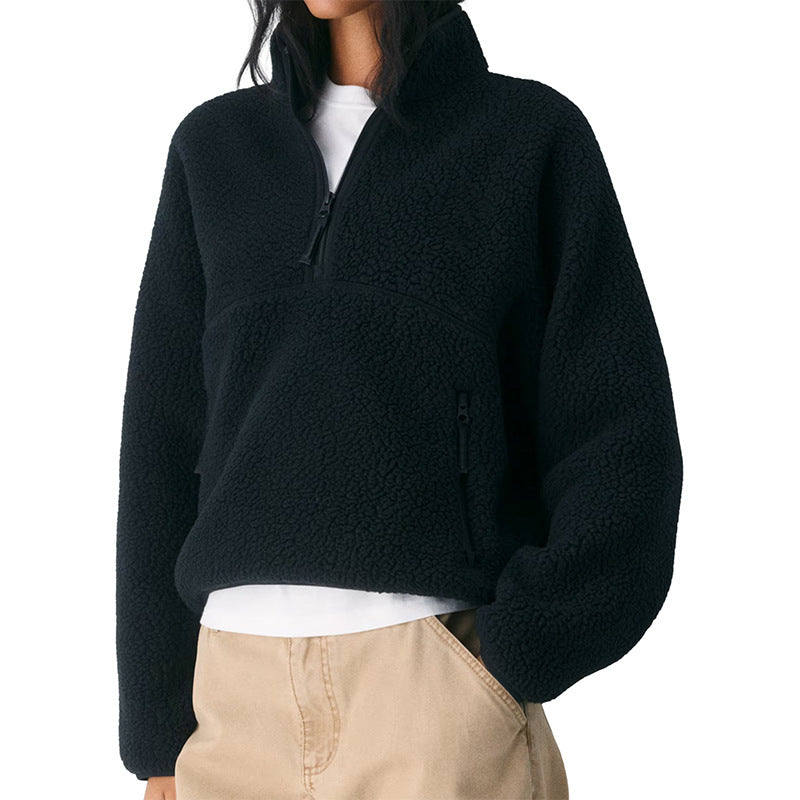 Teddy Fleece Half Zip Pullover Jacket - Black