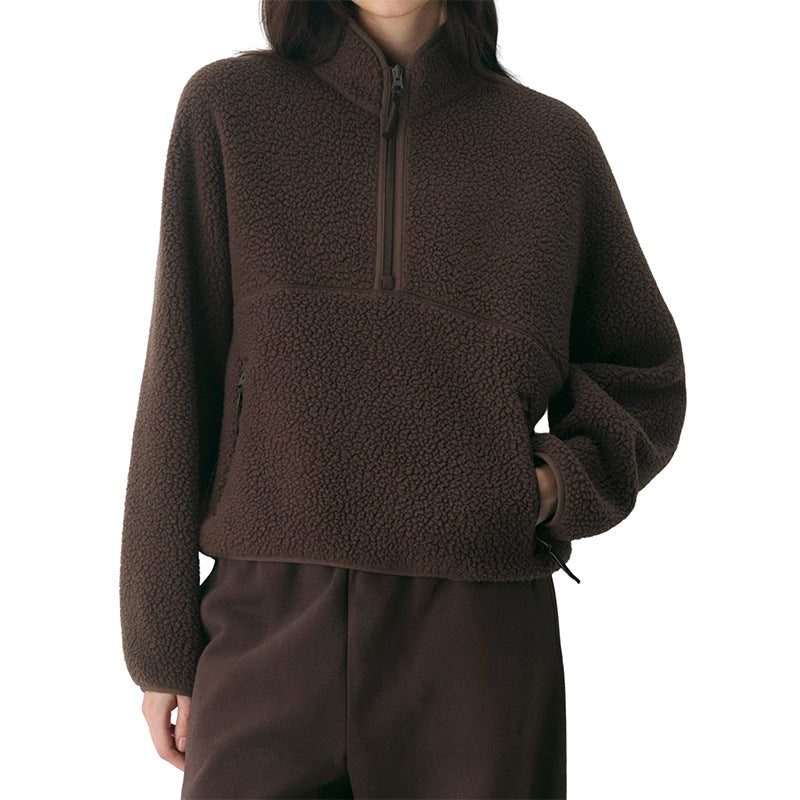 Teddy Fleece Half Zip Pullover Jacket - Brown