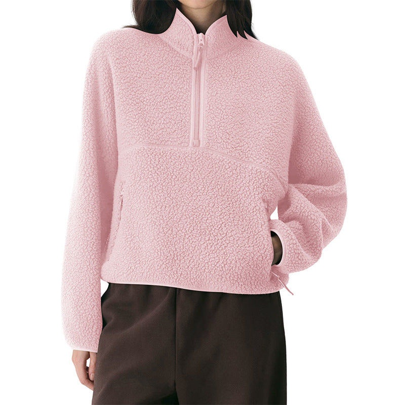 Teddy Fleece Half Zip Pullover Jacket - Pink