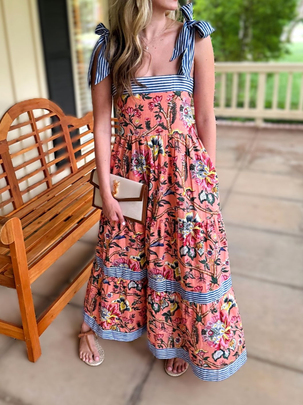 Tie Shoulder Floral Tiered Maxi Dress - Coral