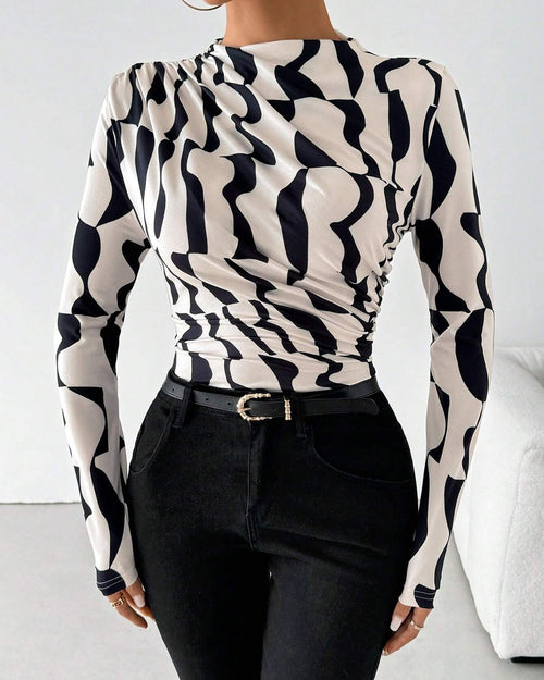 Abstract Wavy Print Ruched Long Sleeve Top - Apricot