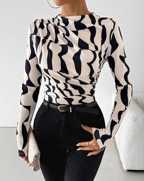 Abstract Wavy Print Ruched Long Sleeve Top - Apricot - 1