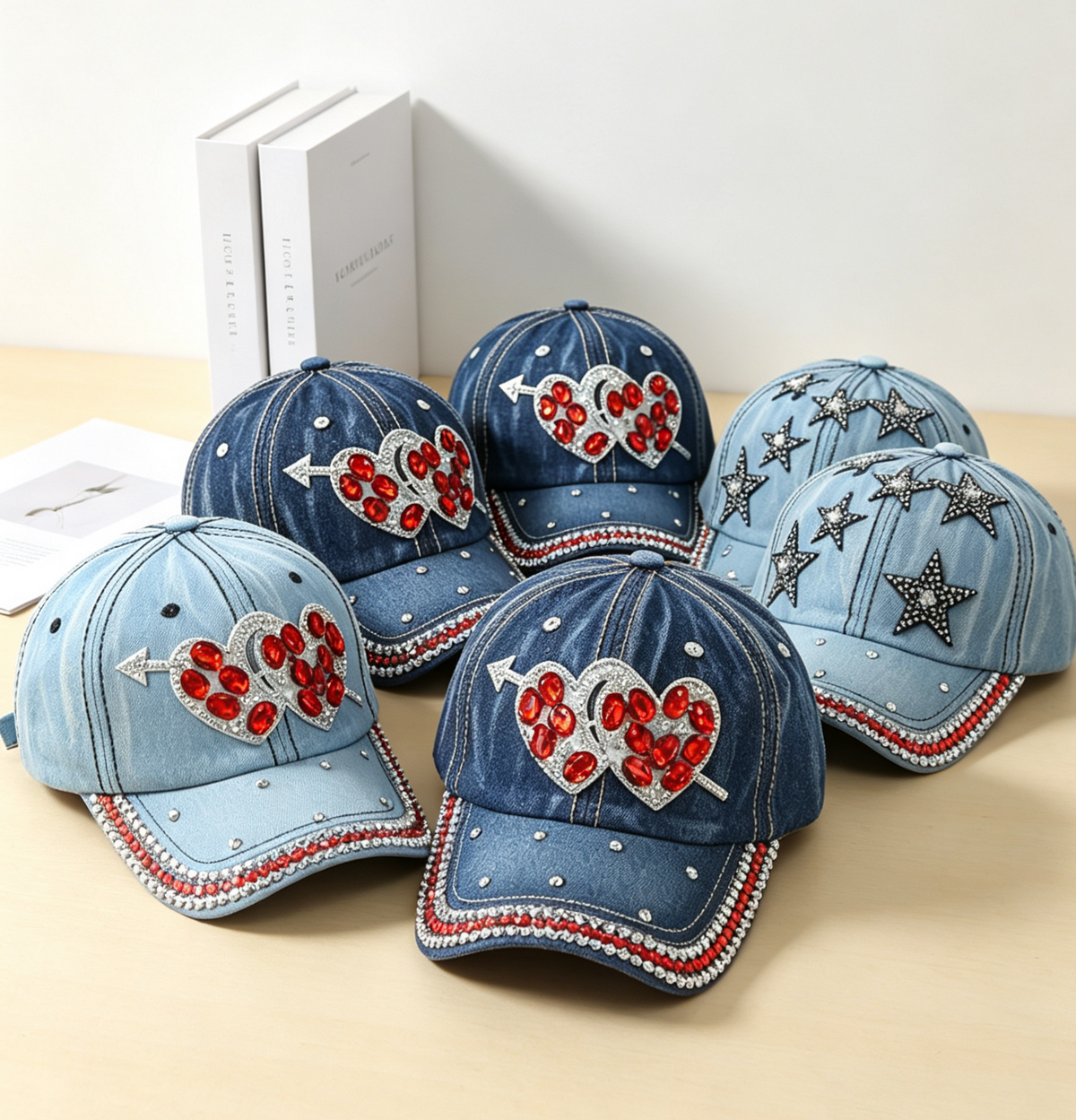 Bling Rhinestone Studded Denim Baseball Cap - HCow