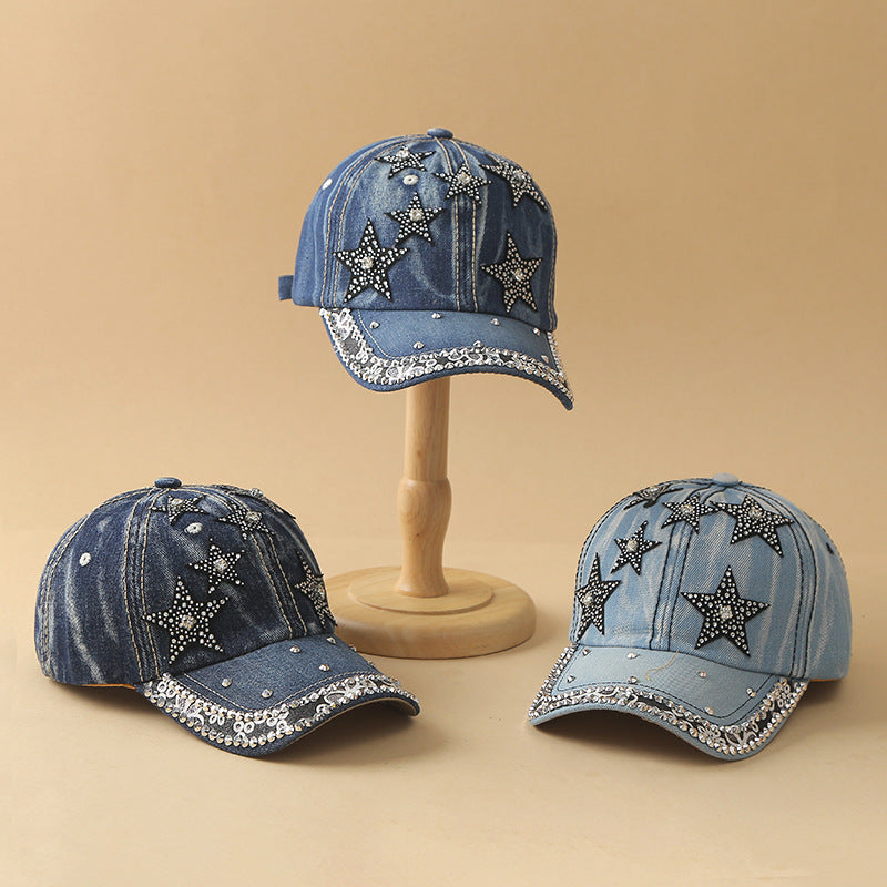 Bling Rhinestone Studded Denim Baseball Cap - HCow - 4