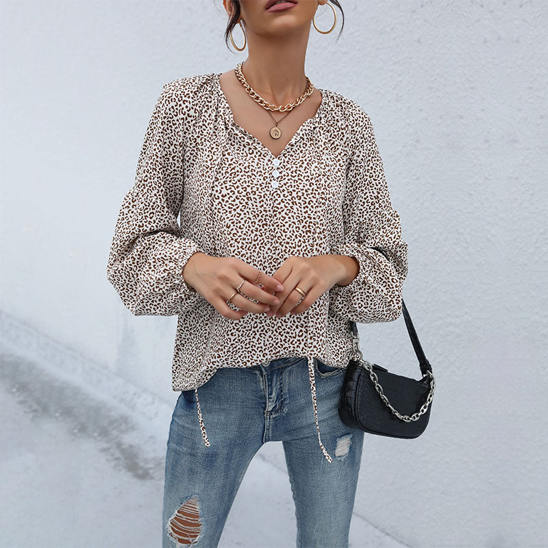 Animal Spot Print Tie Neck Blouson Blouse - Khaki