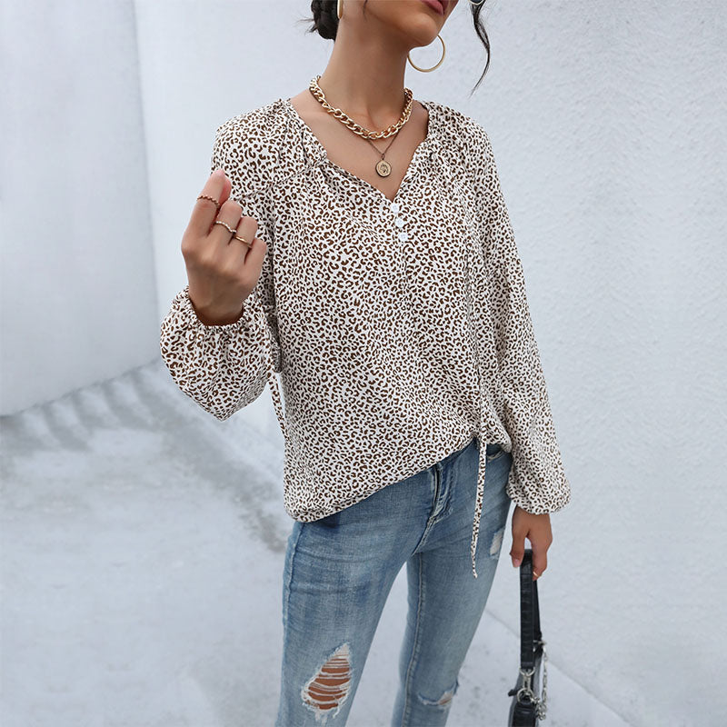 Animal Spot Print Tie Neck Blouson Blouse - Khaki - 1