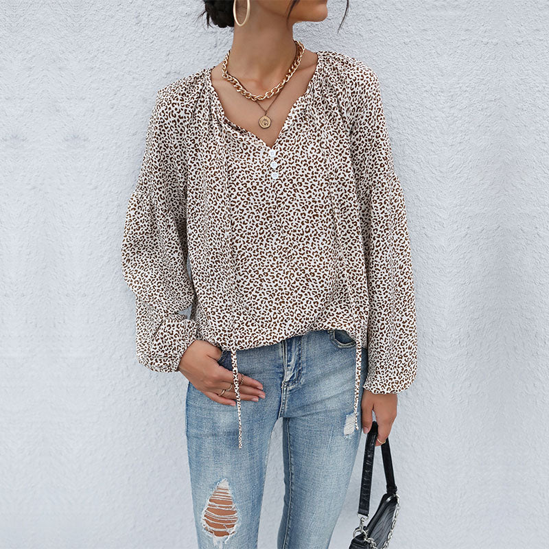 Animal Spot Print Tie Neck Blouson Blouse - Khaki - 2
