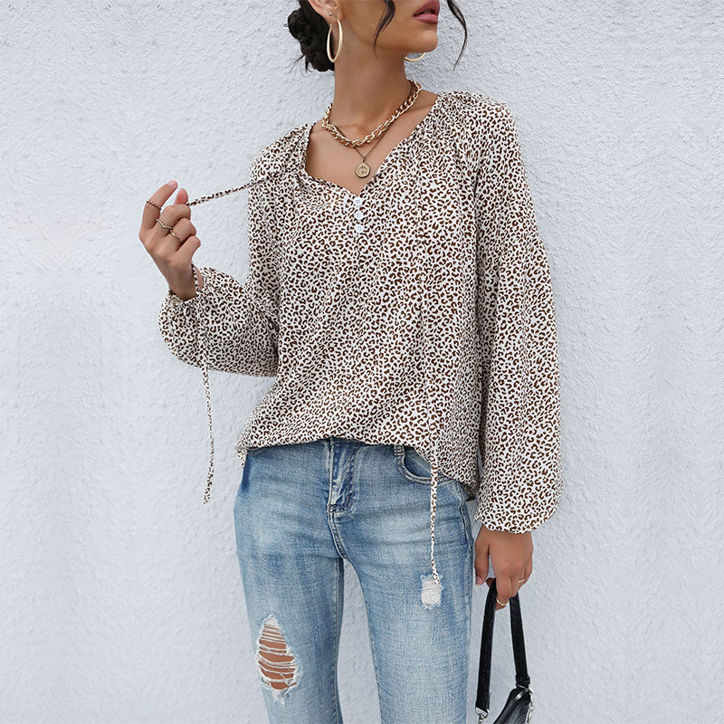 Animal Spot Print Tie Neck Blouson Blouse - Khaki - 3