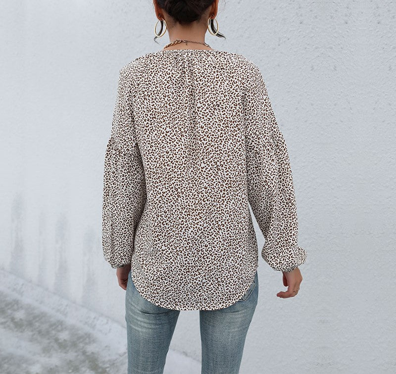 Animal Spot Print Tie Neck Blouson Blouse - Khaki - 4