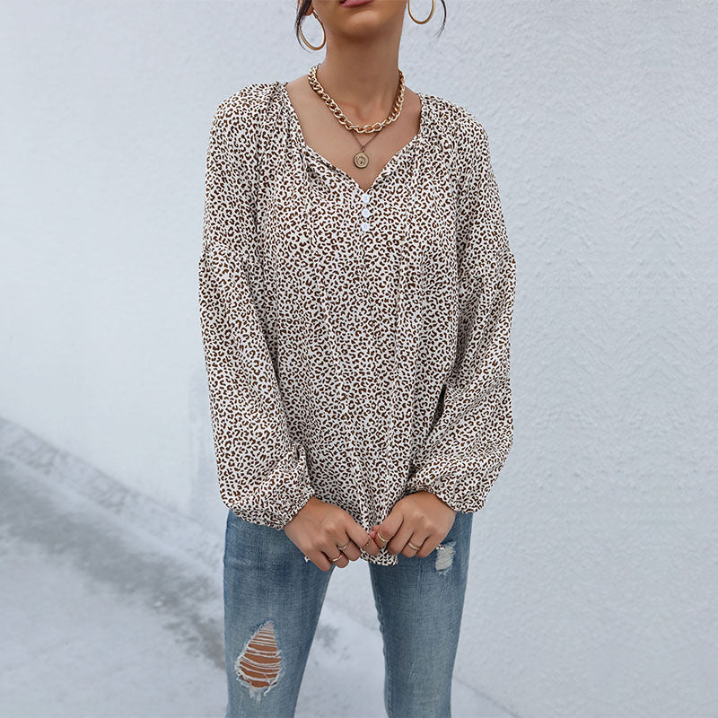 Animal Spot Print Tie Neck Blouson Blouse - Khaki - 5
