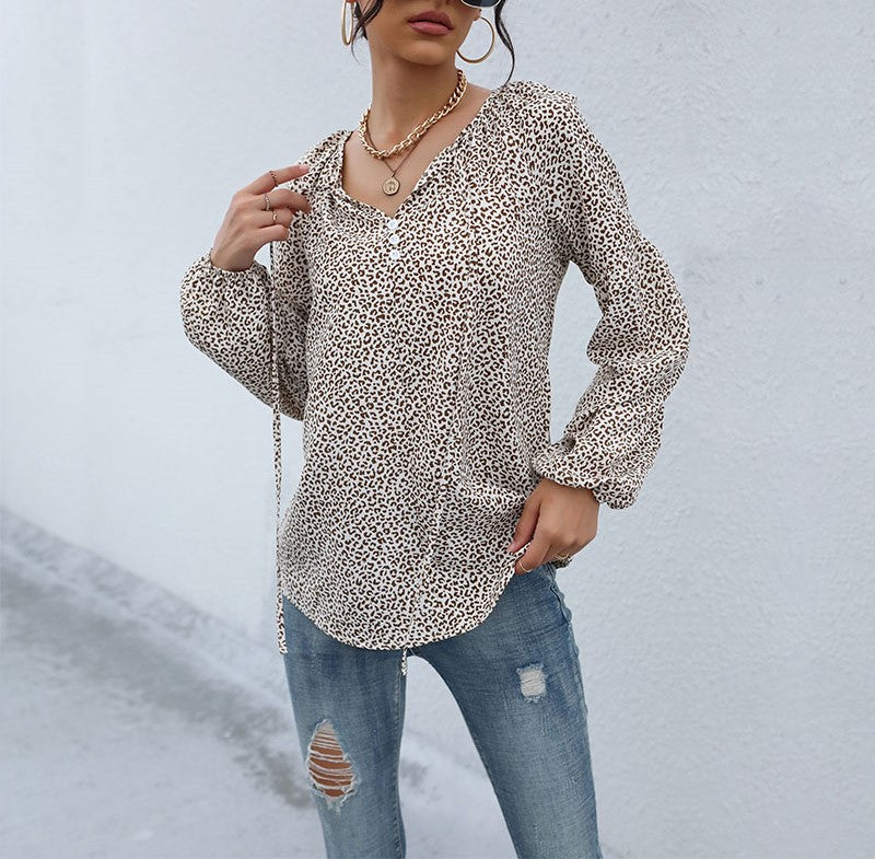 Animal Spot Print Tie Neck Blouson Blouse - Khaki - 6
