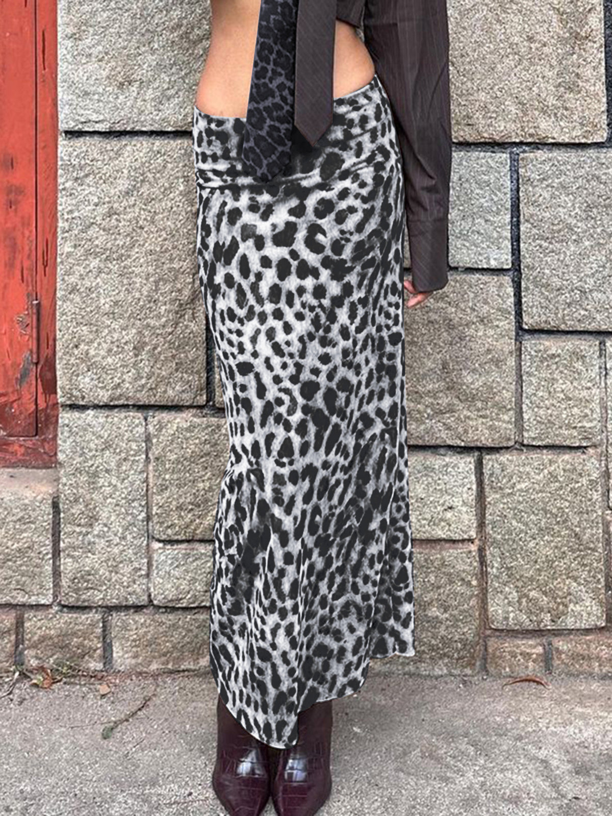 Leopard Print Bodycon Maxi Skirt - Black - 3