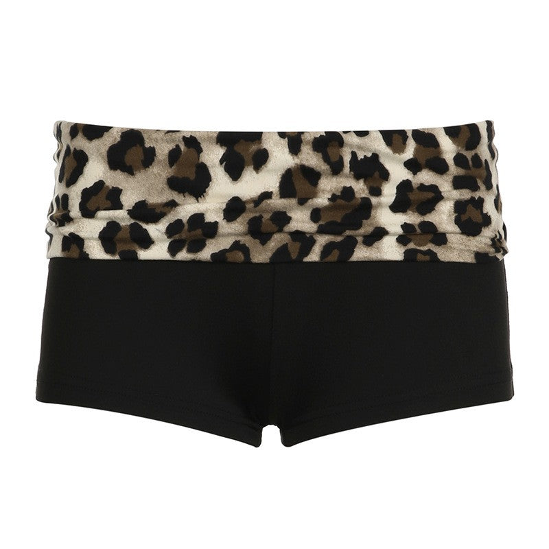Two Tone Fold Over Stretch Knit Mini Yoga Shorts - Leopard