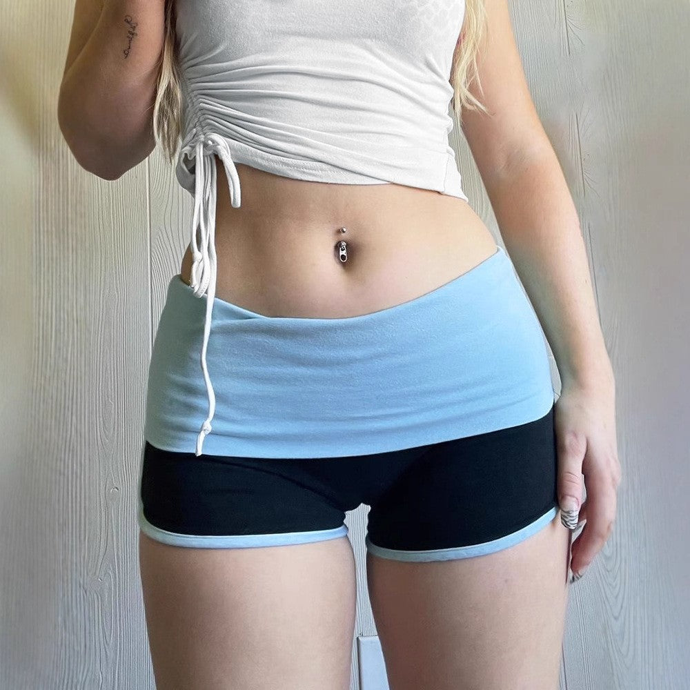 Two Tone Fold Over Stretch Knit Mini Yoga Shorts