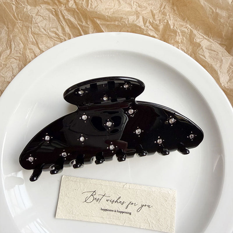 Rhinestone Studded Large Hair Claw Clip Marbled Finish - Black