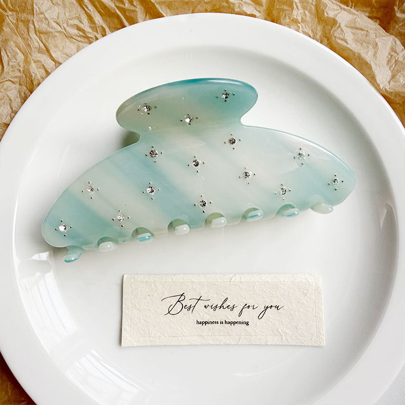 Rhinestone Studded Large Hair Claw Clip Marbled Finish - Blue
