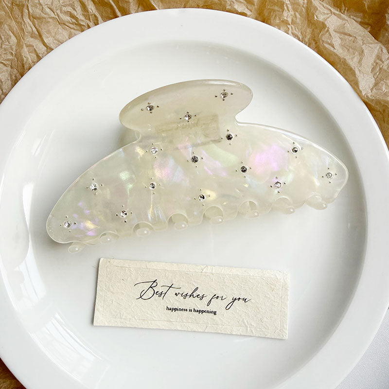 Rhinestone Studded Large Hair Claw Clip Marbled Finish - White