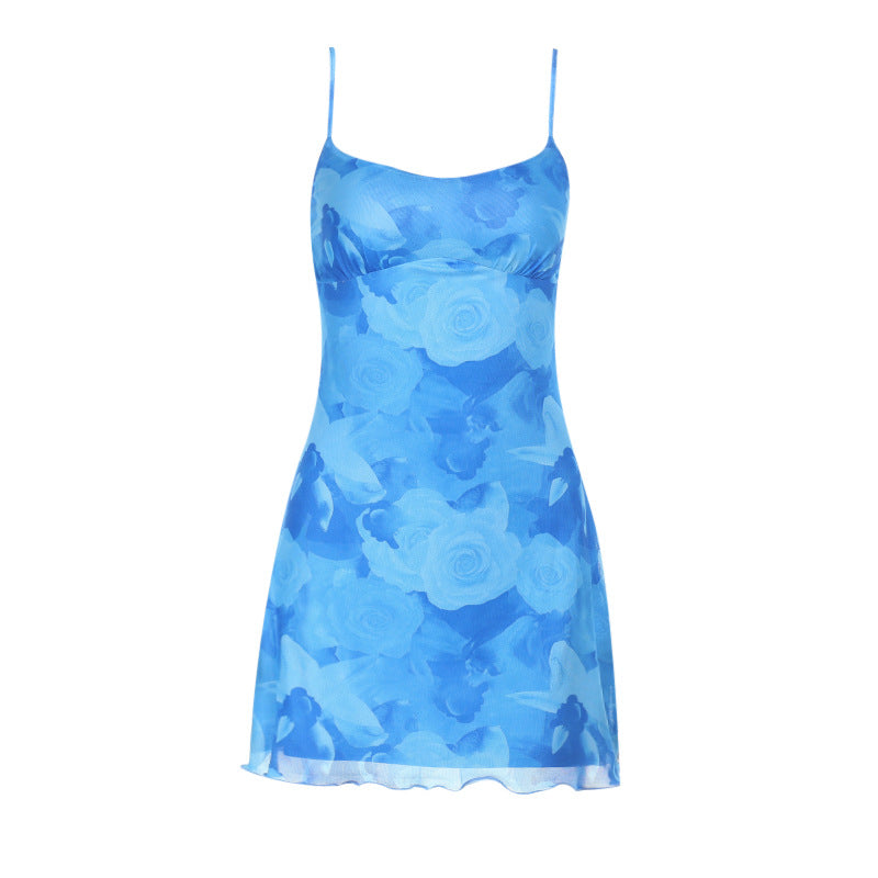 Rose Print Mesh Ruched Bodycon Mini Dress - blue