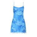 Rose Print Mesh Ruched Bodycon Mini Dress - blue