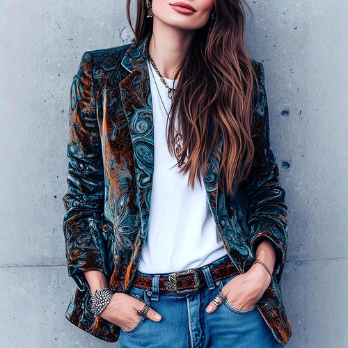 Abstract Paisley Print Velvet Blazer - Blue
