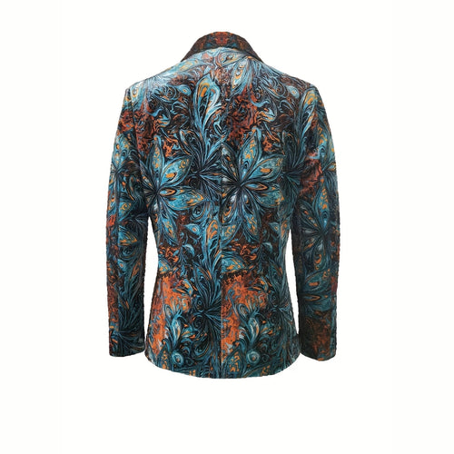 Abstract Paisley Print Velvet Blazer - Blue - 1