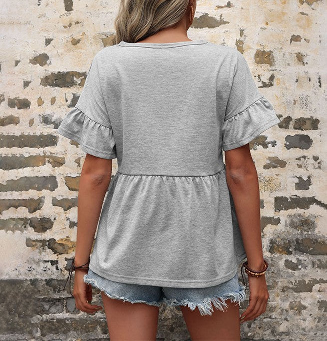 Ruffle Sleeve Button Front Babydoll Top - Light gray - 2