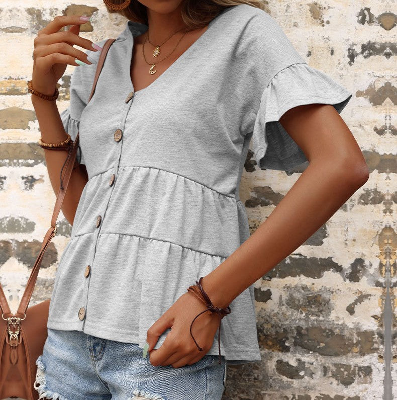 Ruffle Sleeve Button Front Babydoll Top - Light gray - 3