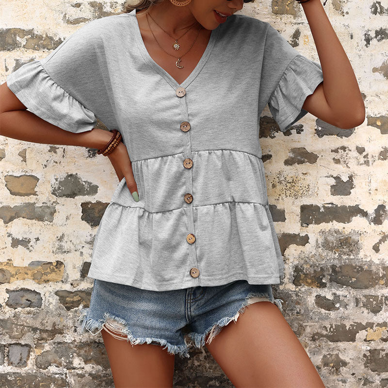 Ruffle Sleeve Button Front Babydoll Top - Light gray - 4