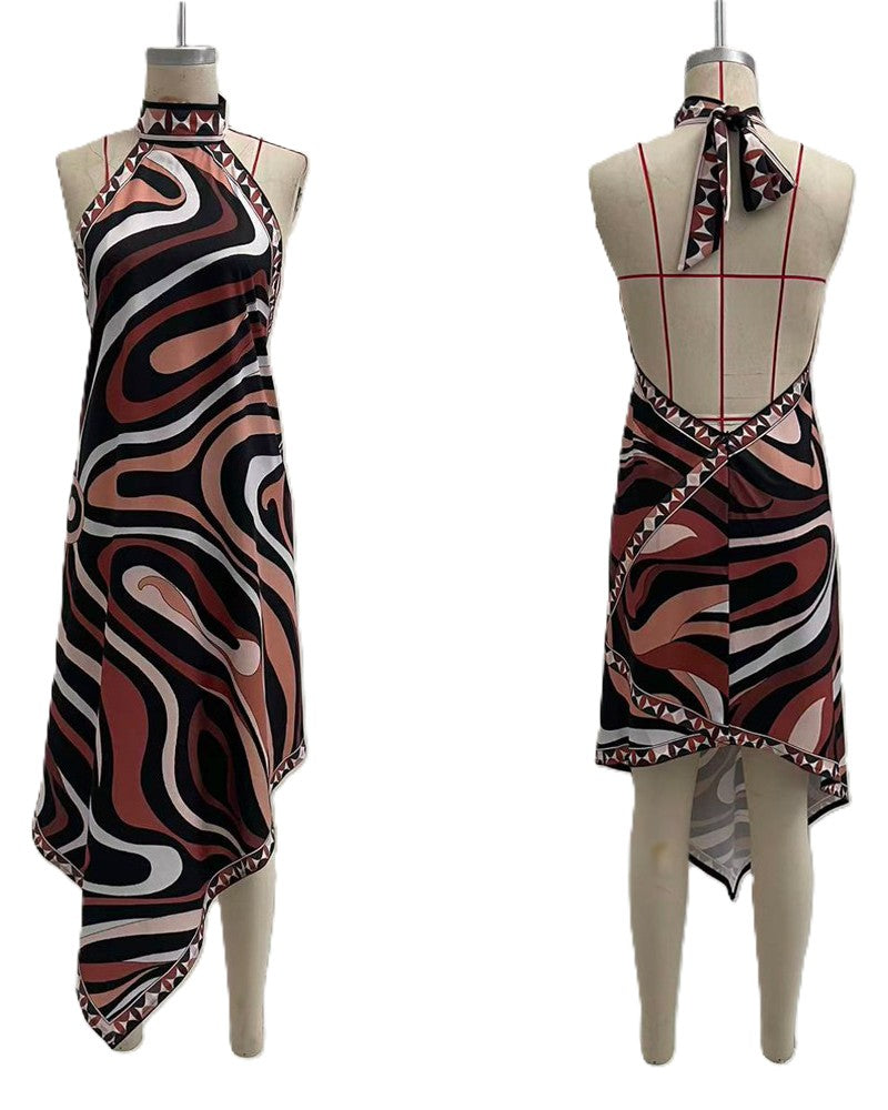 Abstract Swirl Halter Dress With Asymmetric Hem - Coffee