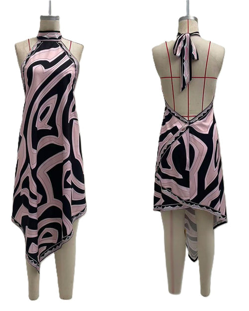 Abstract Swirl Halter Dress With Asymmetric Hem - Pink