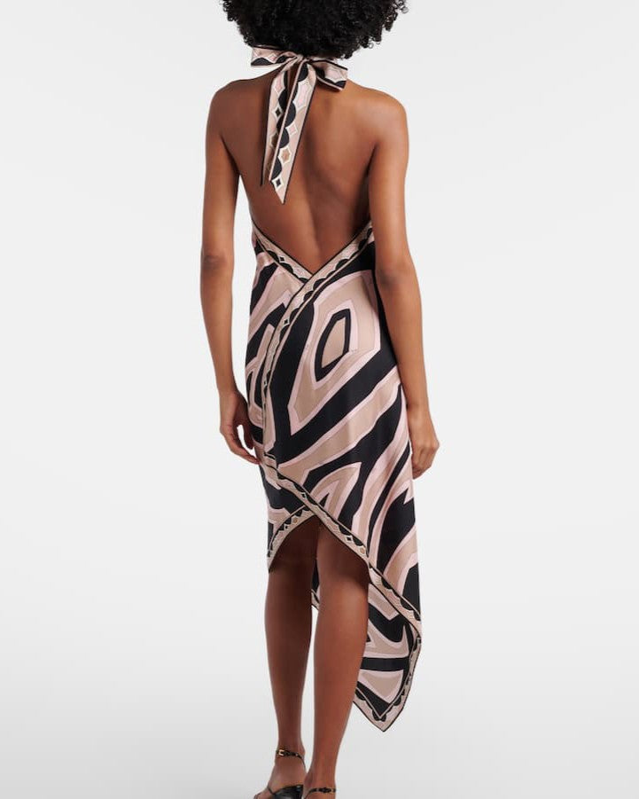 Abstract Swirl Halter Dress With Asymmetric Hem - Pink - 1