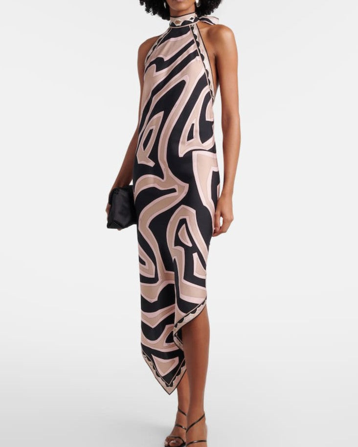 Abstract Swirl Halter Dress With Asymmetric Hem - Pink - 2