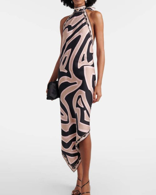 Abstract Swirl Halter Dress With Asymmetric Hem