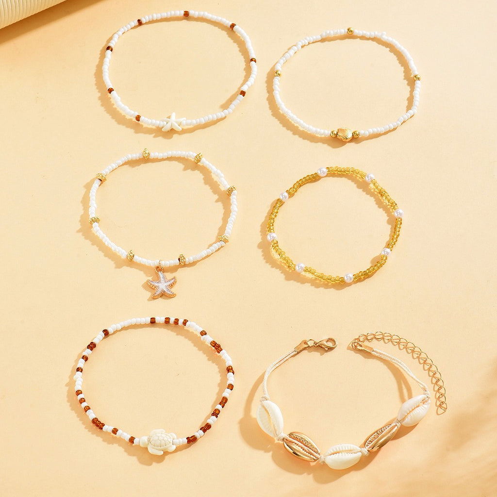 Layered Shell Beaded Anklet Set - White - 1