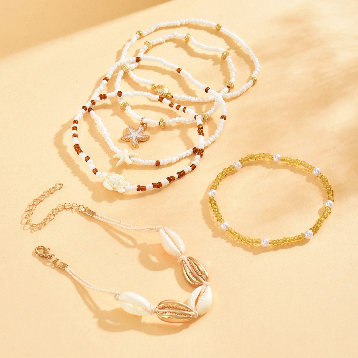 Layered Shell Beaded Anklet Set - White - 3