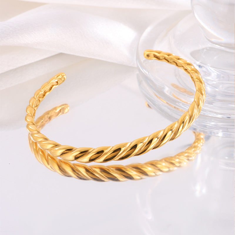 Chunky Twisted Rope Open Cuff Bracelet - Golden - 1