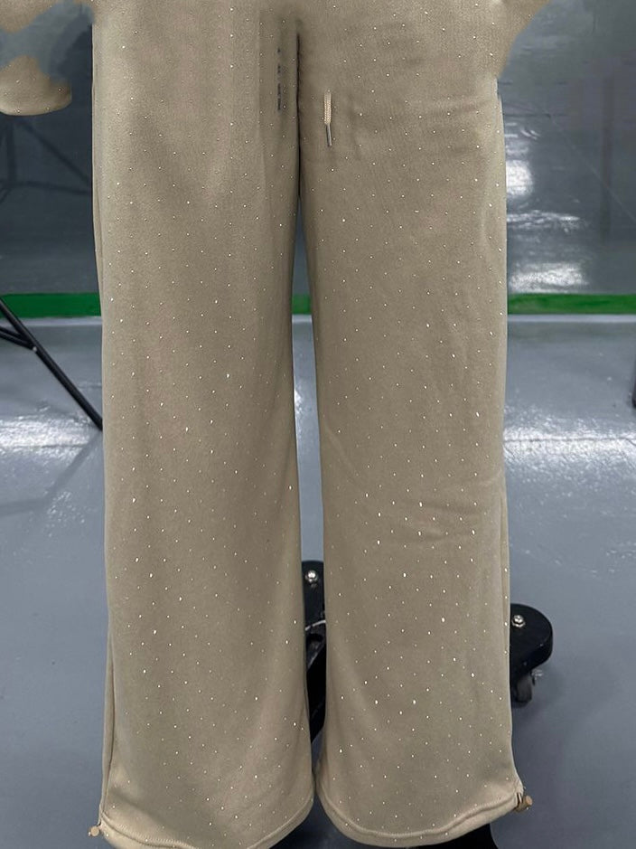 Rhinestone Studded Sweatshirt and Trouser Set - Beige - 1