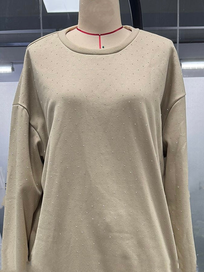 Rhinestone Studded Sweatshirt and Trouser Set - Beige - 2
