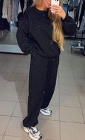 Rhinestone Studded Sweatshirt and Trouser Set - Black