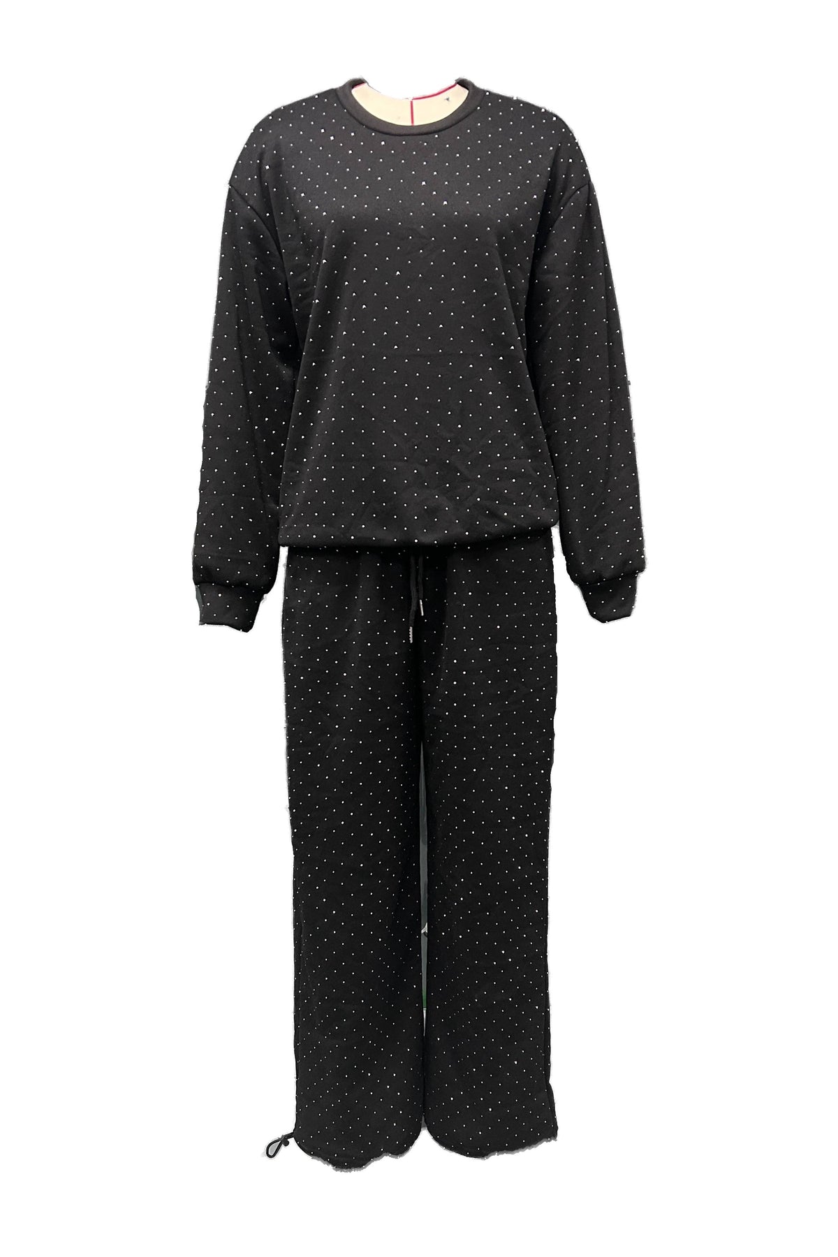 Rhinestone Studded Sweatshirt and Trouser Set - Black - 1