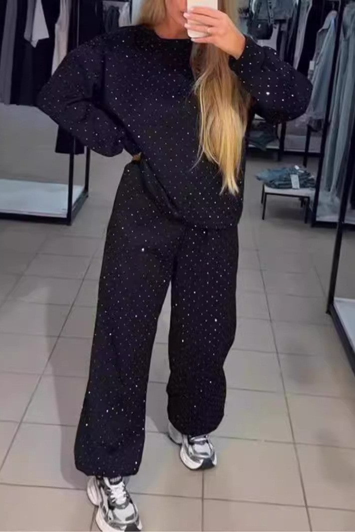 Rhinestone Studded Sweatshirt and Trouser Set - Black - 2