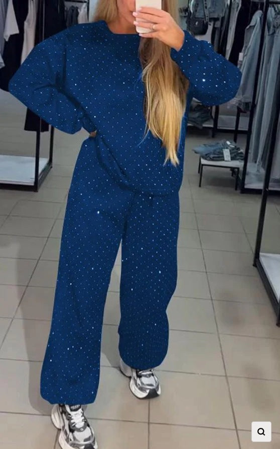 Rhinestone Studded Sweatshirt and Trouser Set - Blue