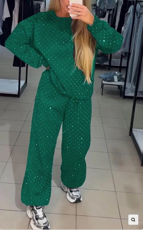 Rhinestone Studded Sweatshirt and Trouser Set - Green