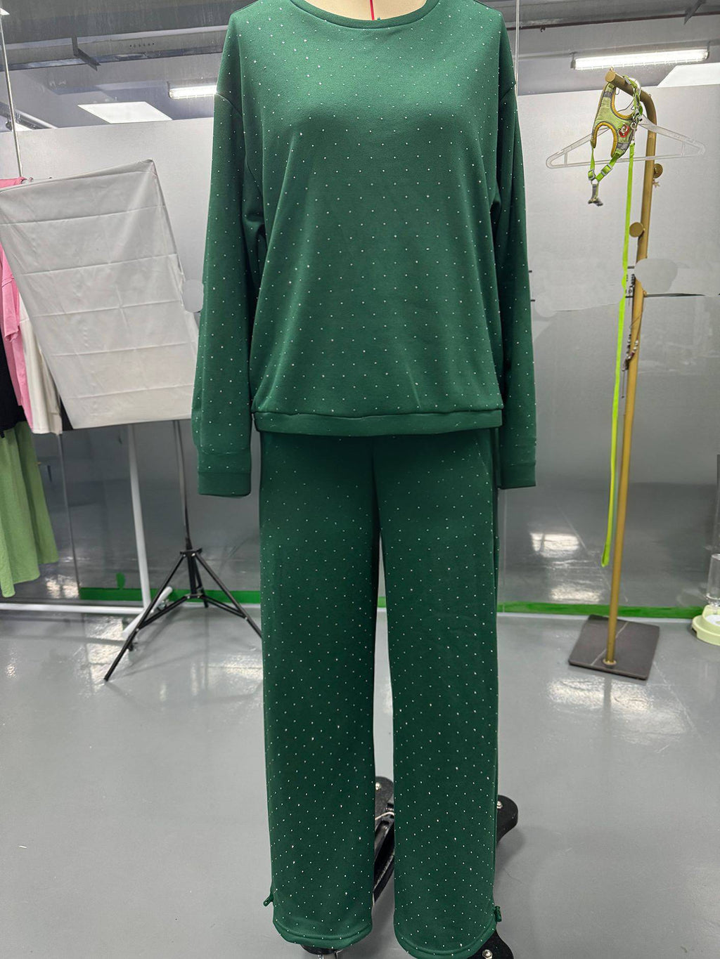 Rhinestone Studded Sweatshirt and Trouser Set - Green - 1