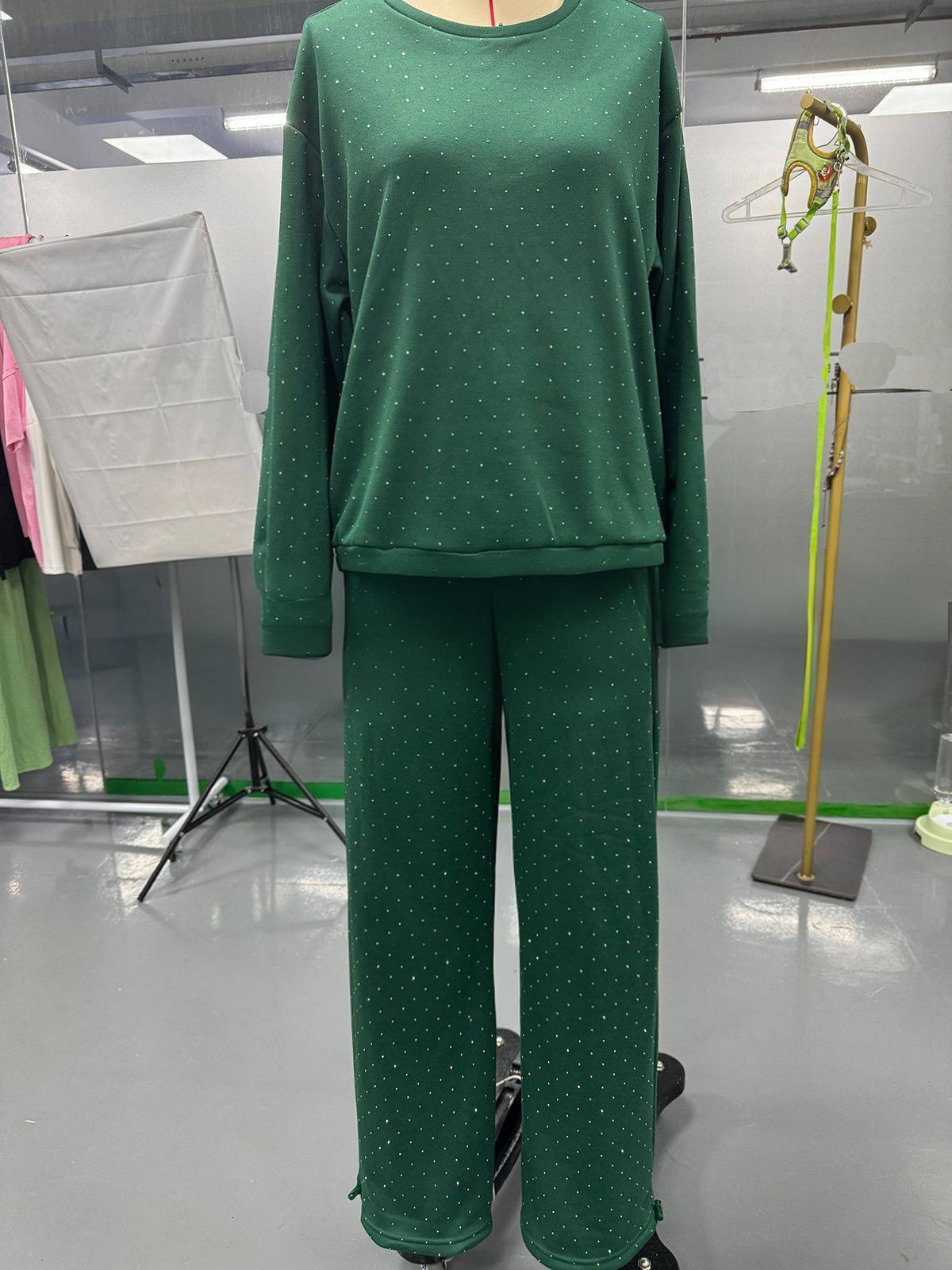 Rhinestone Studded Sweatshirt and Trouser Set - Green - 1