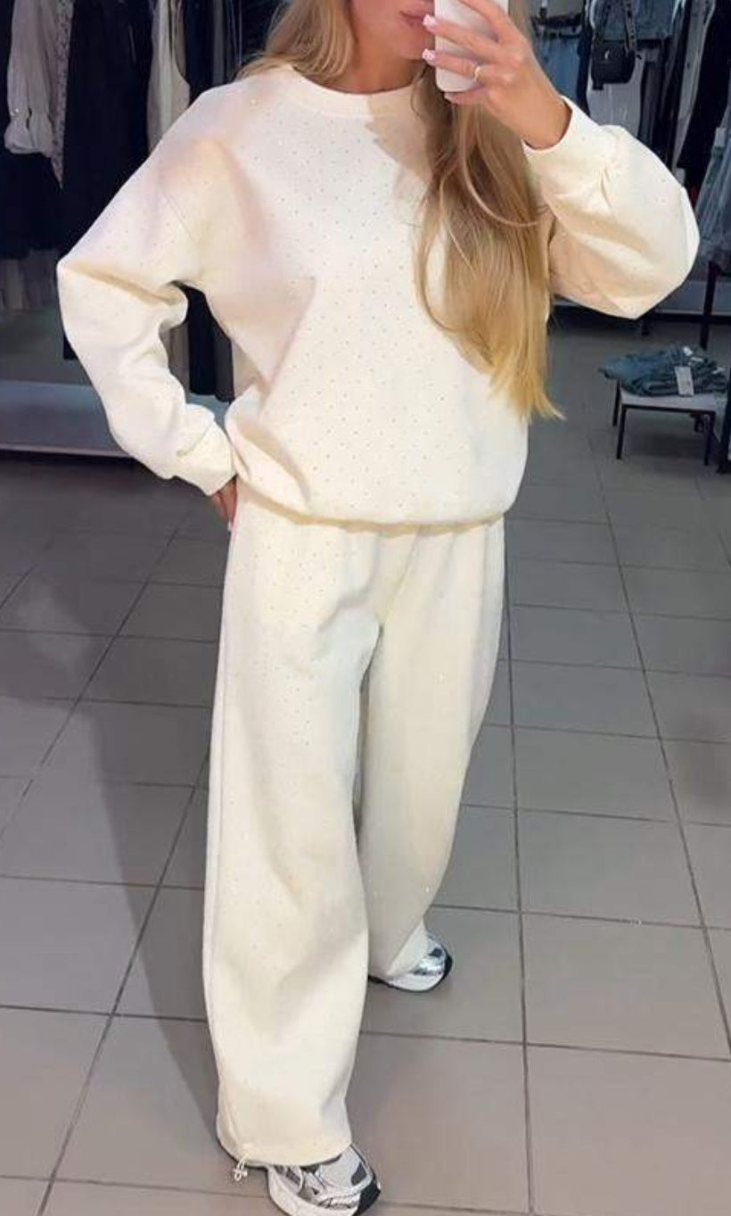 Rhinestone Studded Sweatshirt and Trouser Set - White