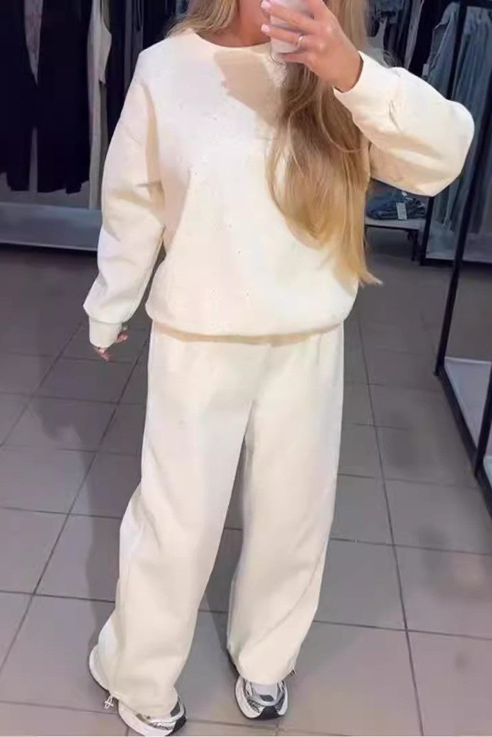 Rhinestone Studded Sweatshirt and Trouser Set - White - 1