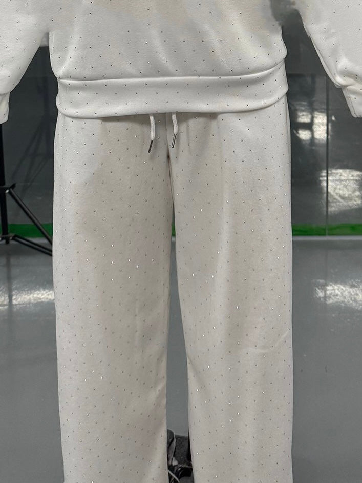 Rhinestone Studded Sweatshirt and Trouser Set - White - 3