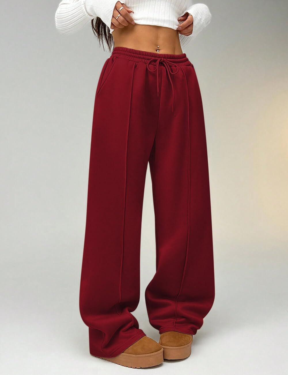 Seam Front Drawstring Wide Leg Sweatpants - Burgundy